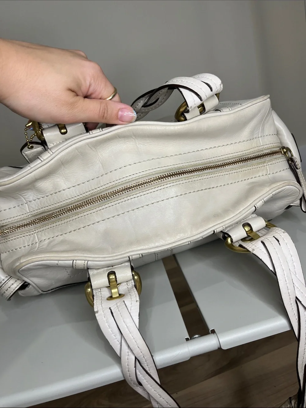 Coach  Cream Soho Mia Shoulder Bag with Braided Handles and Gold Hardware